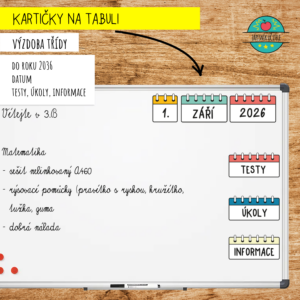 Kartičky na třídní tabuli – datum, testy, úkoly a informace.
